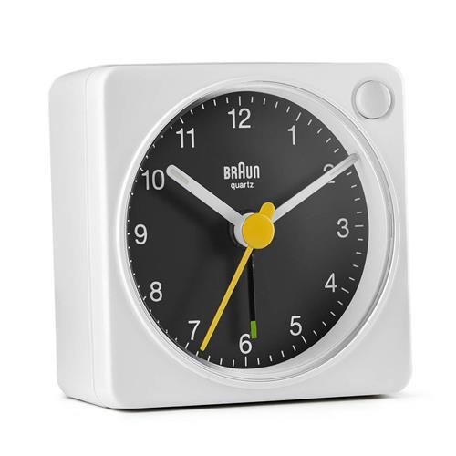 Réveil Braun carré blanc à cadran noir silencieux à éclairage, BC02XWB