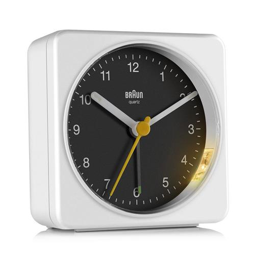 Réveil Braun carré blanc à cadran noir silencieux, XL 78mm, BC03WB