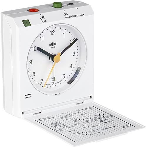 Réveil de voyage blanc Braun avec mouvement silencieux et détection de mouvement pour activer la répétition, BC05W