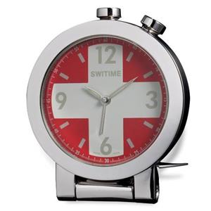 Réveil Swiza SWITIME SUISSE, fonction alarme, boîtier en laiton palladié, cadran rouge et blanc