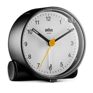 Réveil Braun rond noir à cadran blanc silencieux avec éclairage BC01BW