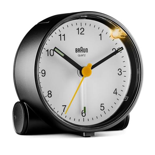 Réveil Braun rond noir à cadran blanc silencieux avec éclairage BC01BW