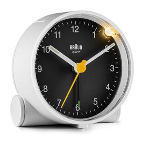 Réveil Braun rond blanc à cadran noir silencieux avec éclairage BC01WB