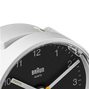 Réveil Braun rond blanc à cadran noir silencieux avec éclairage BC01WB