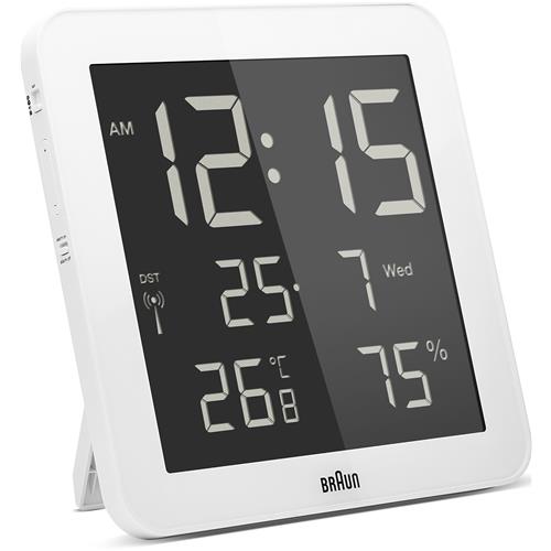 Horloge murale Braun blanche design, affichage heure, date, jour de la semaine, température et humidité, BNC014WH-RC